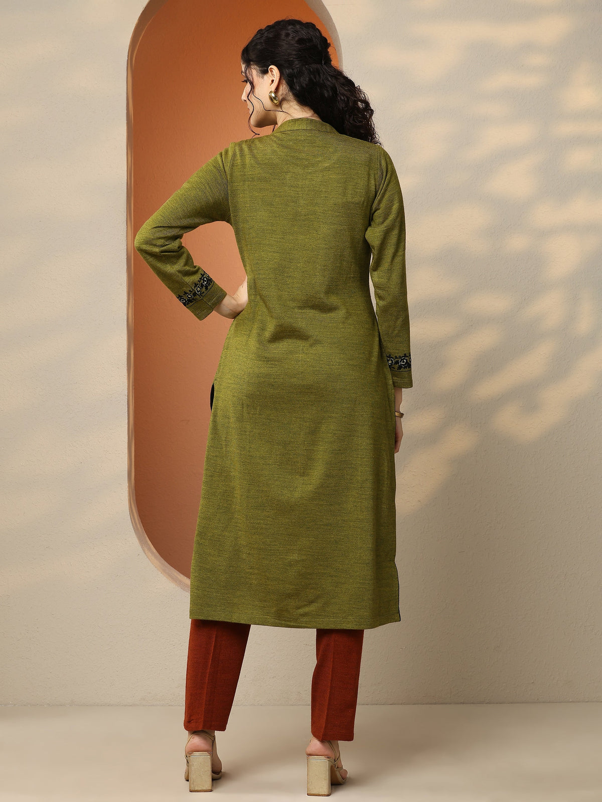 Libas Olive Embroidered Wool Straight Kurta
