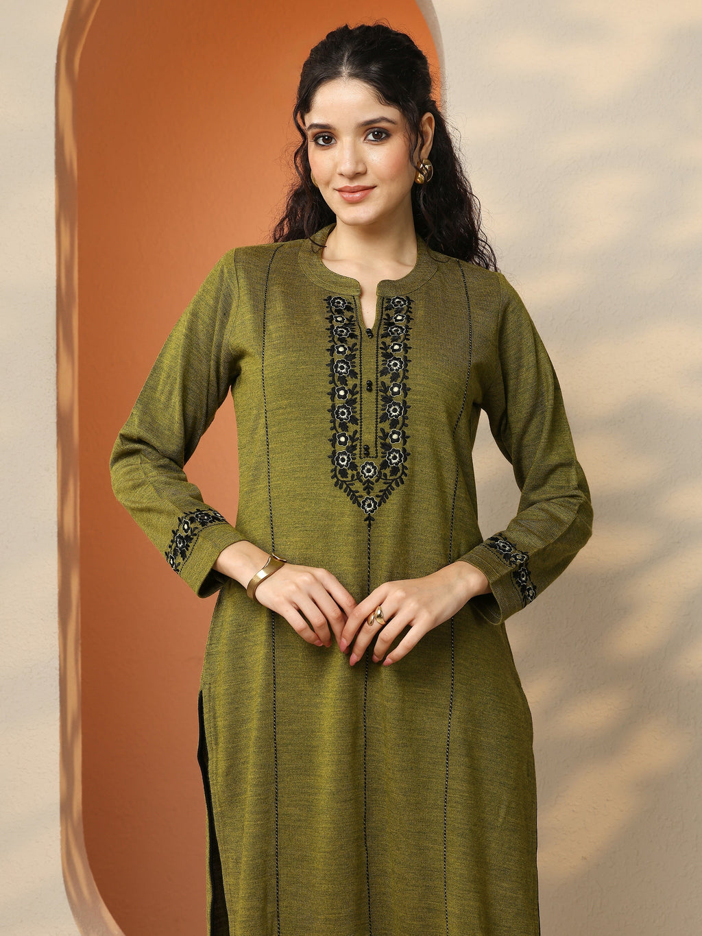 Libas Olive Embroidered Wool Straight Kurta