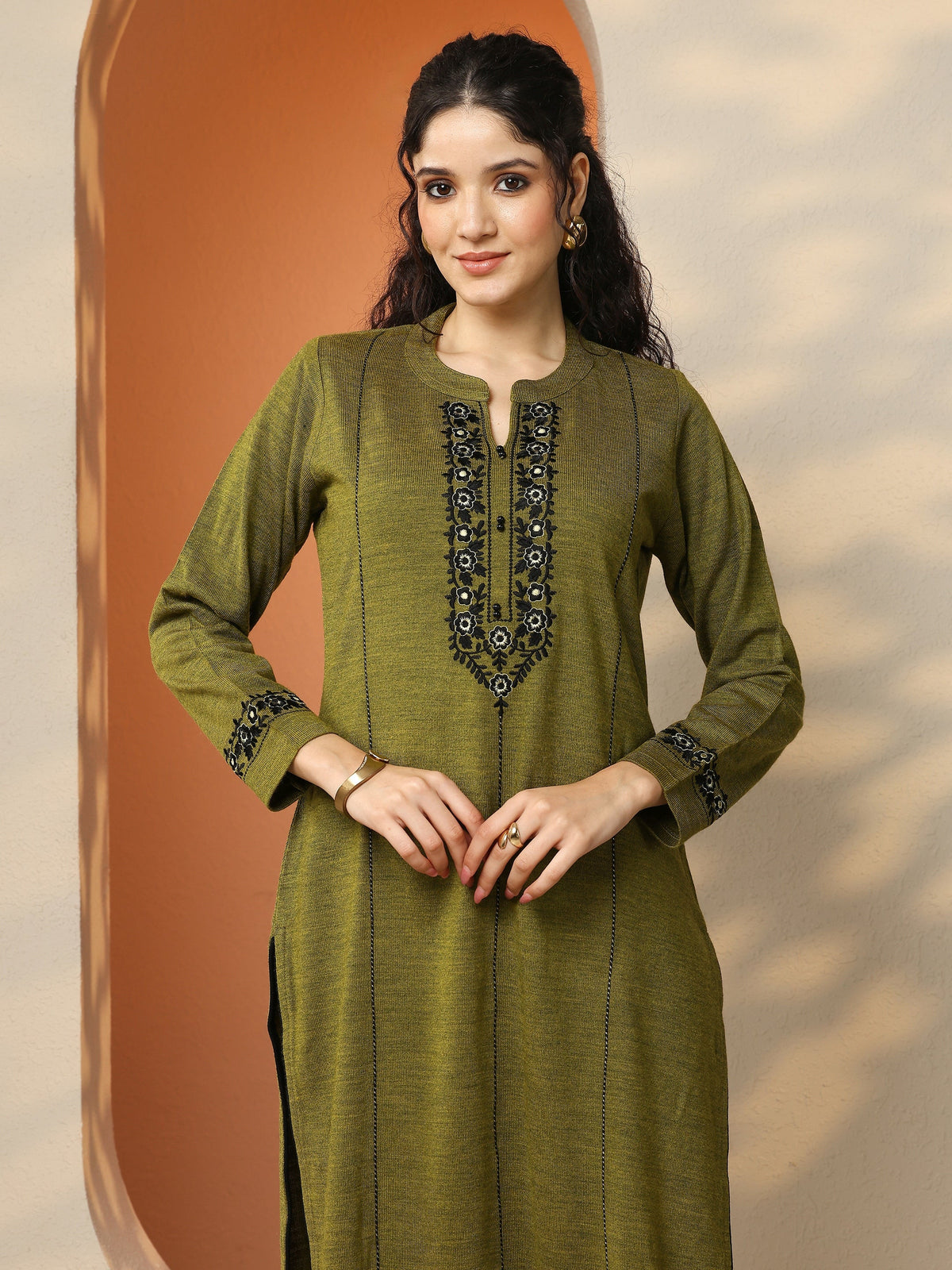 Libas Olive Embroidered Wool Straight Kurta