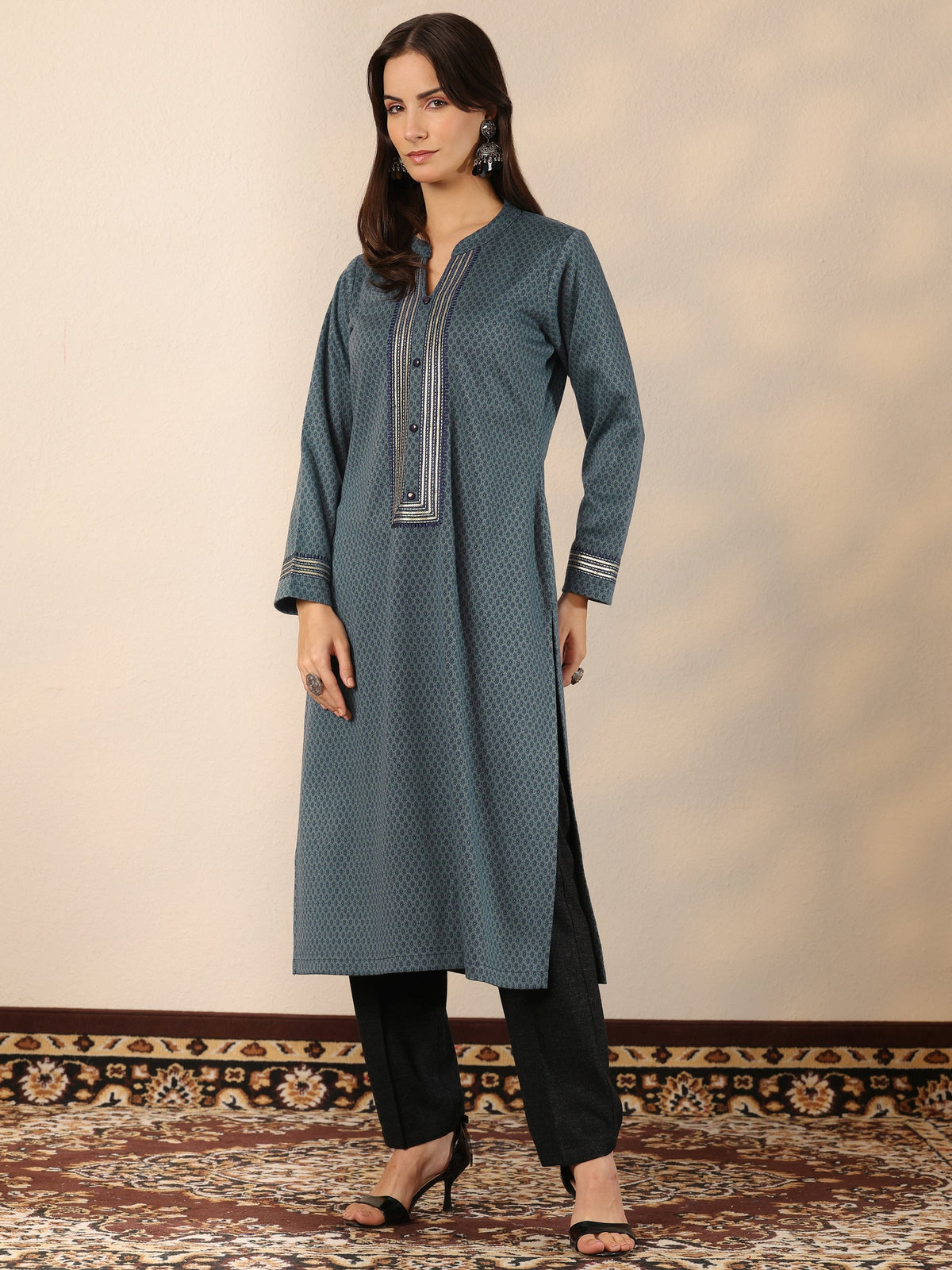 Libas Blue Woven Design Wool Straight Kurta