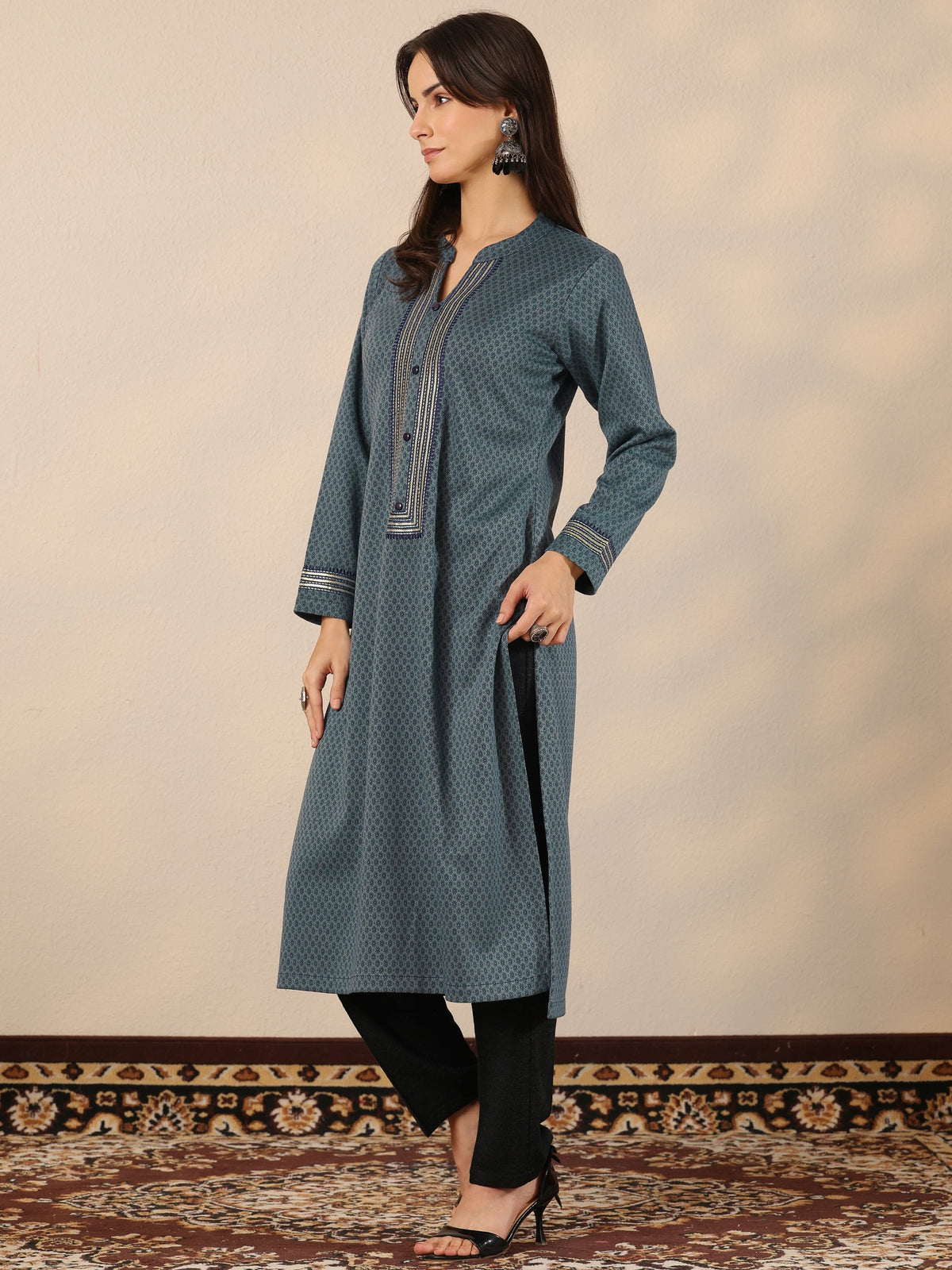 Libas Blue Woven Design Wool Straight Kurta