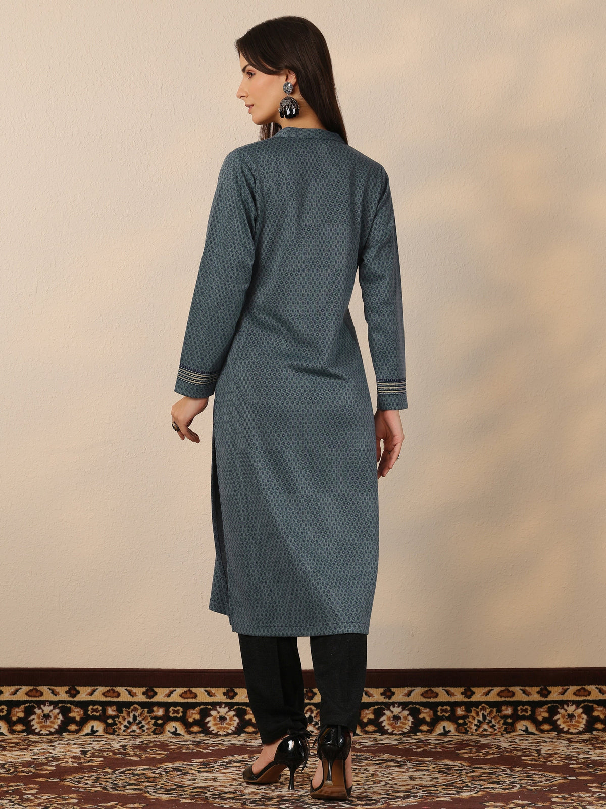 Libas Blue Woven Design Wool Straight Kurta
