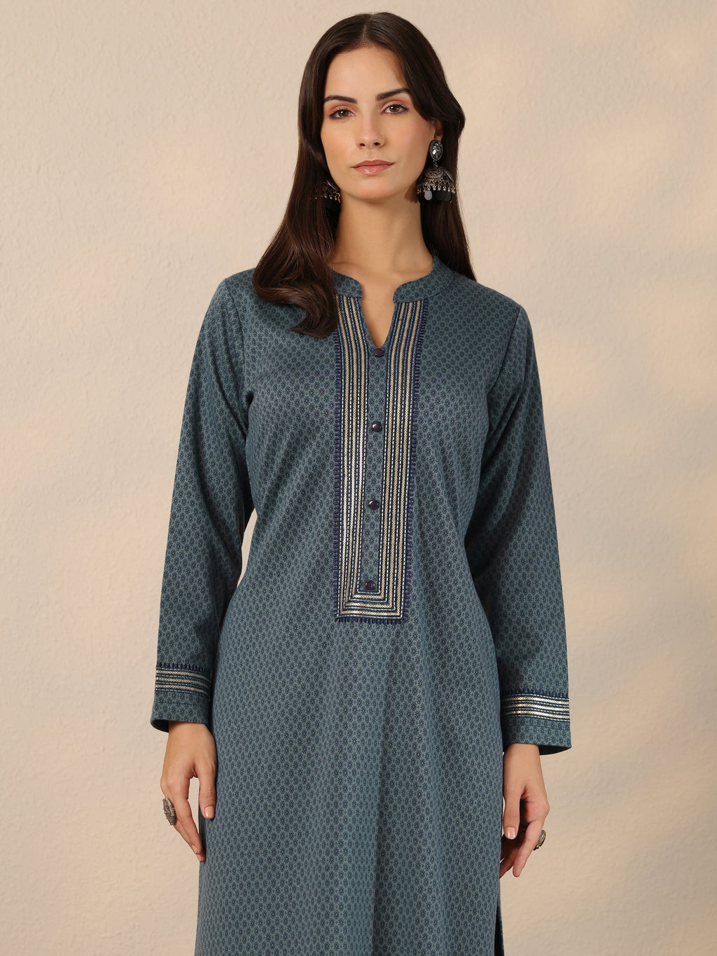 Libas Blue Woven Design Wool Straight Kurta