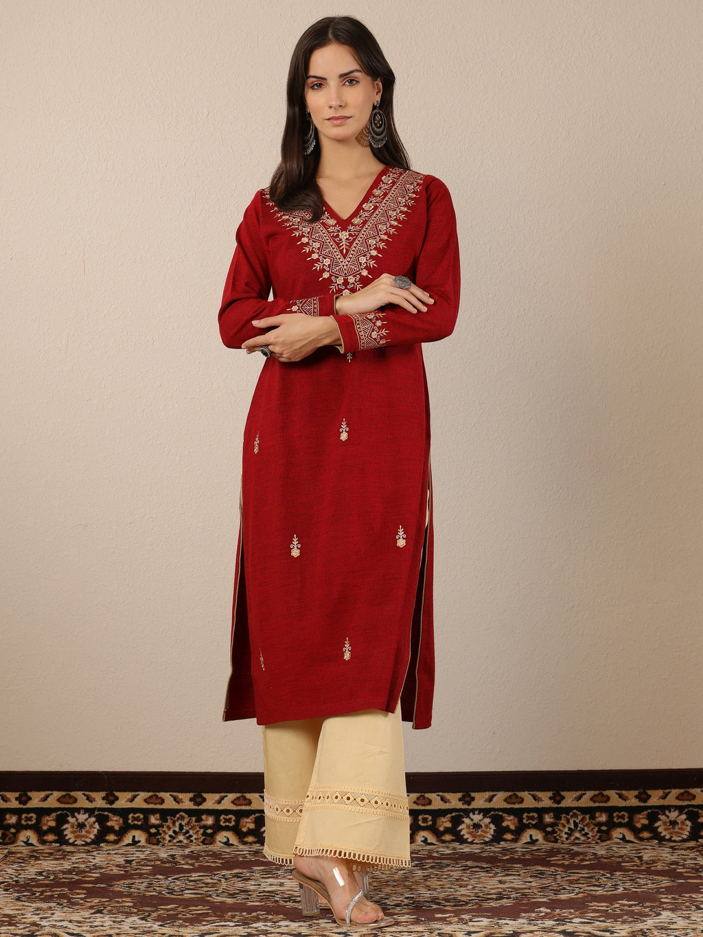Libas Red Embroidered Wool Straight Kurta