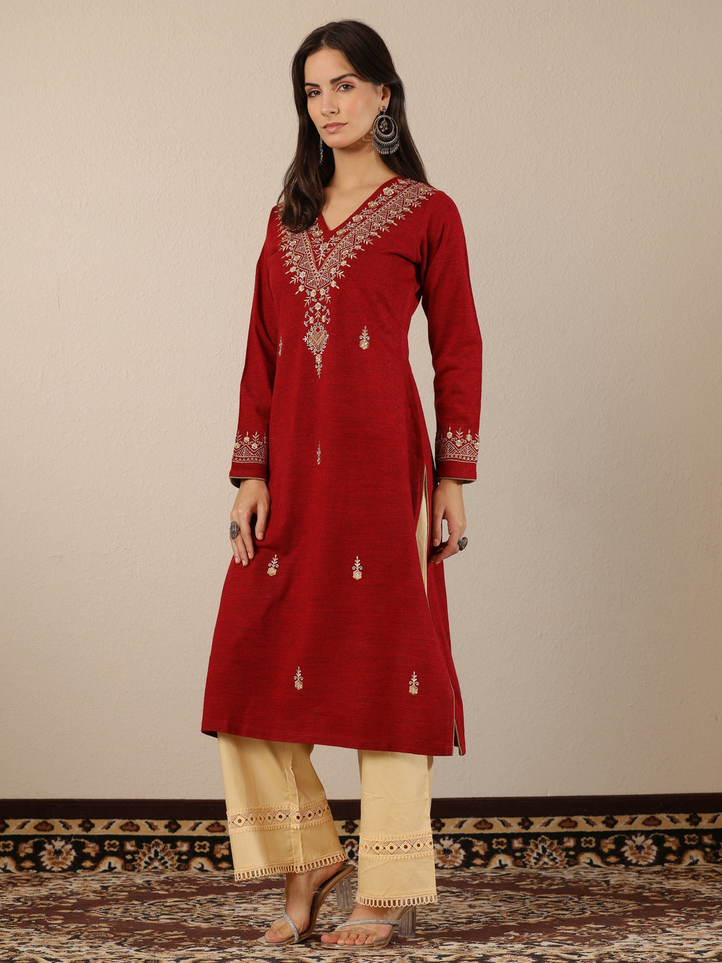 Libas Red Embroidered Wool Straight Kurta