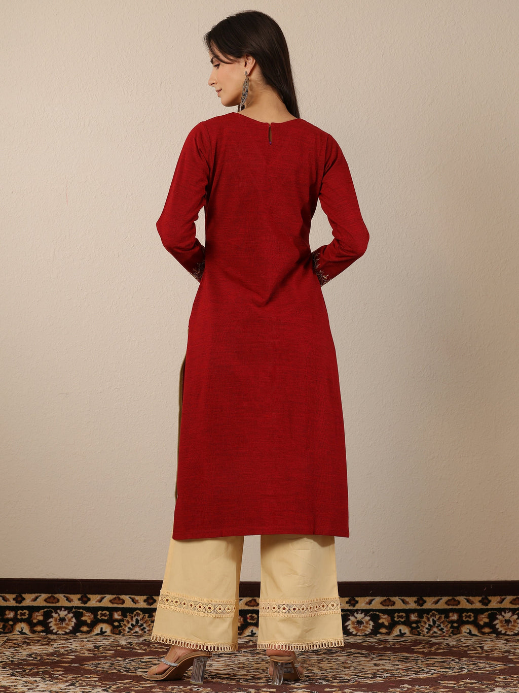 Libas Red Embroidered Wool Straight Kurta
