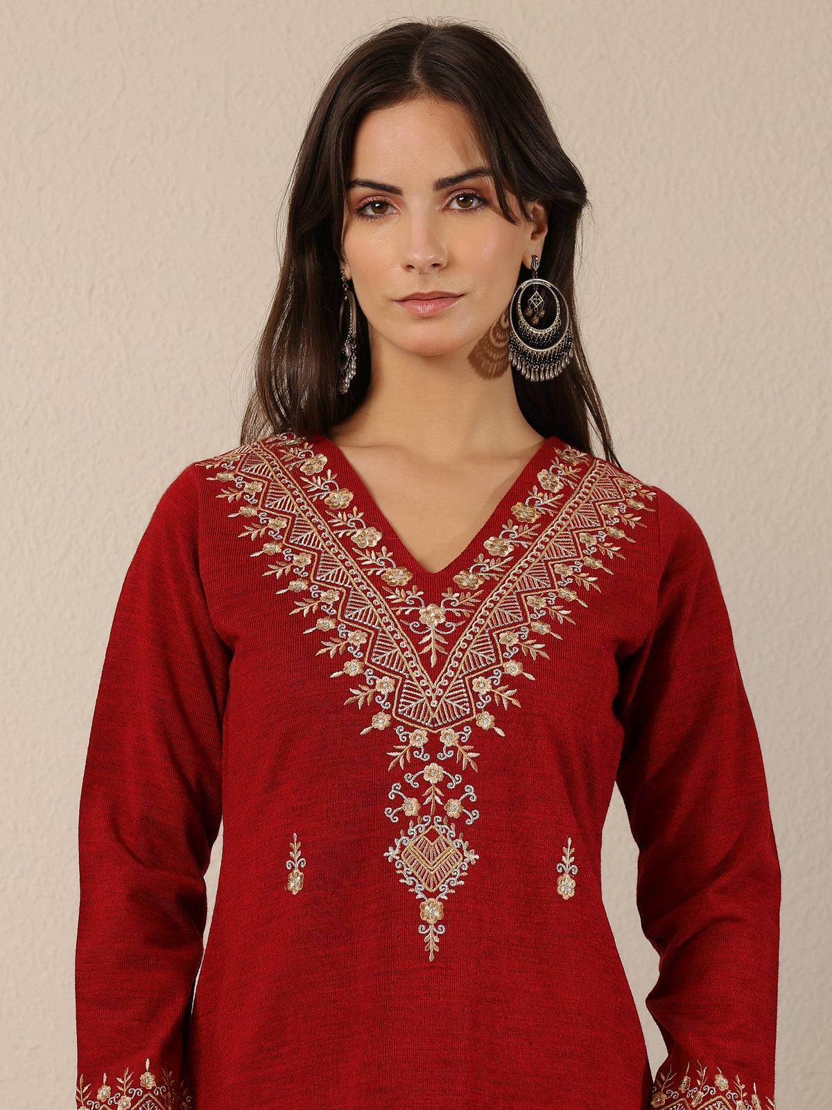 Libas Red Embroidered Wool Straight Kurta