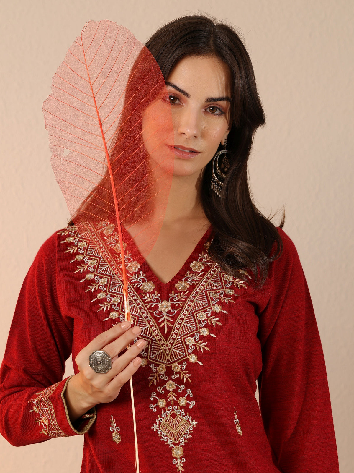 Libas Red Embroidered Wool Straight Kurta