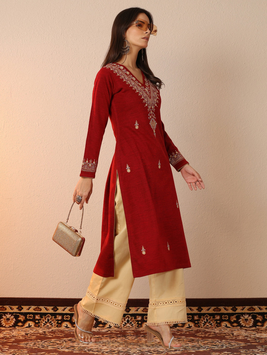 Libas Red Embroidered Wool Straight Kurta