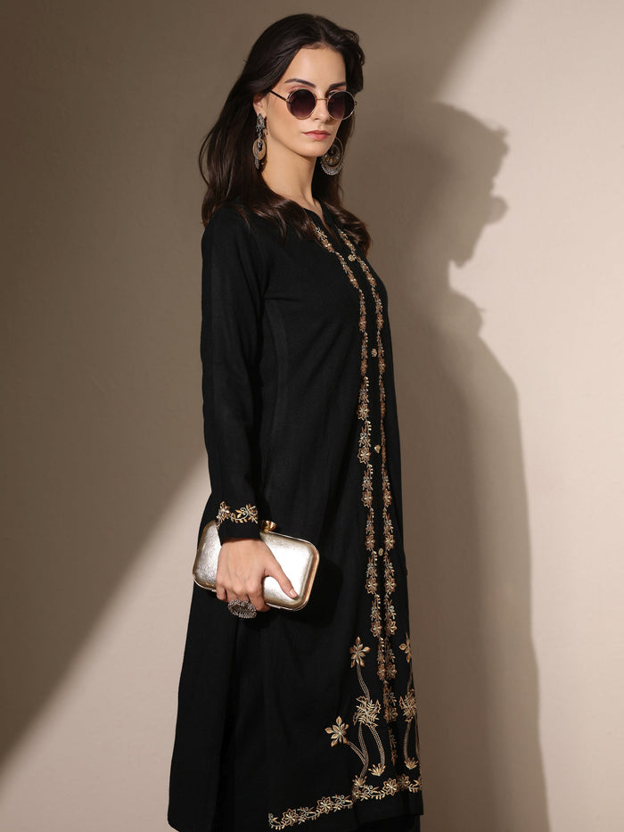 Libas Black Embroidered Wool Straight Kurta