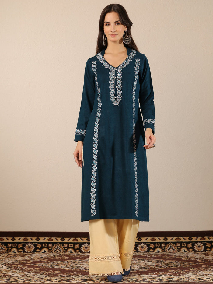 Libas Teal Embroidered Wool Straight Kurta