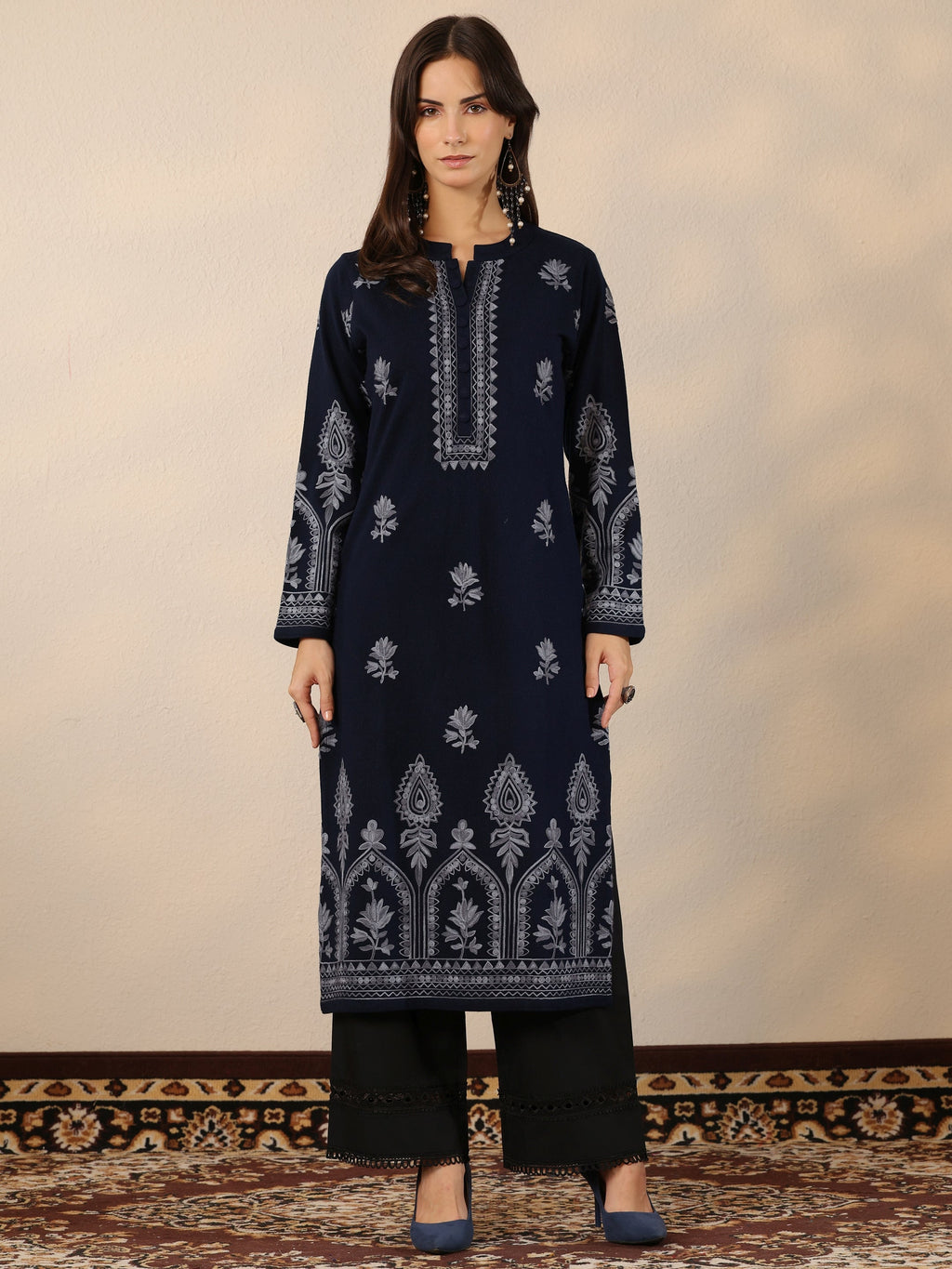 Libas Navy Blue Embroidered Wool Straight Kurta