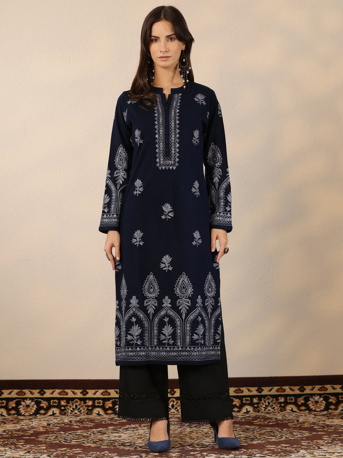 Libas Navy Blue Embroidered Wool Straight Kurta