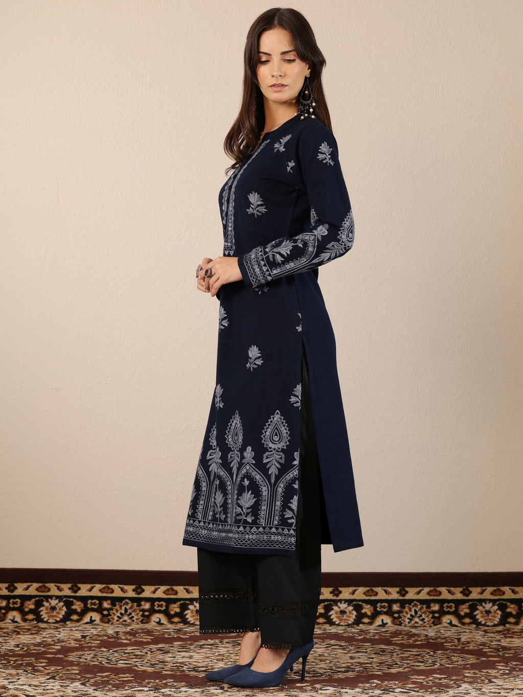 Libas Navy Blue Embroidered Wool Straight Kurta