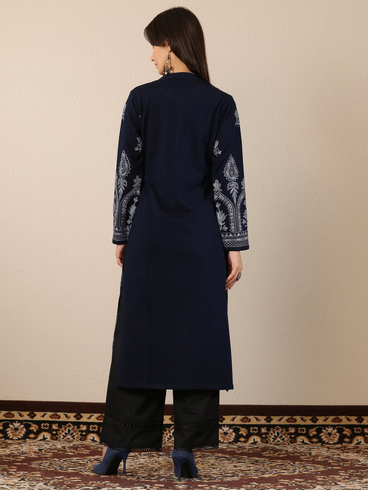 Libas Navy Blue Embroidered Wool Straight Kurta