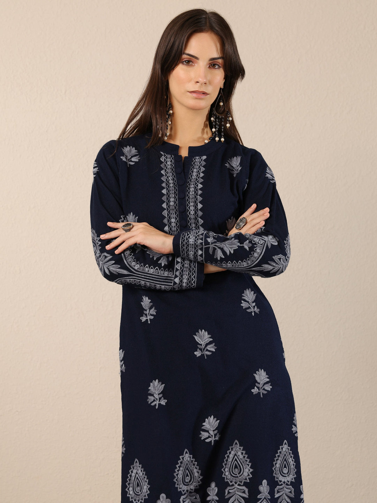 Libas Navy Blue Embroidered Wool Straight Kurta