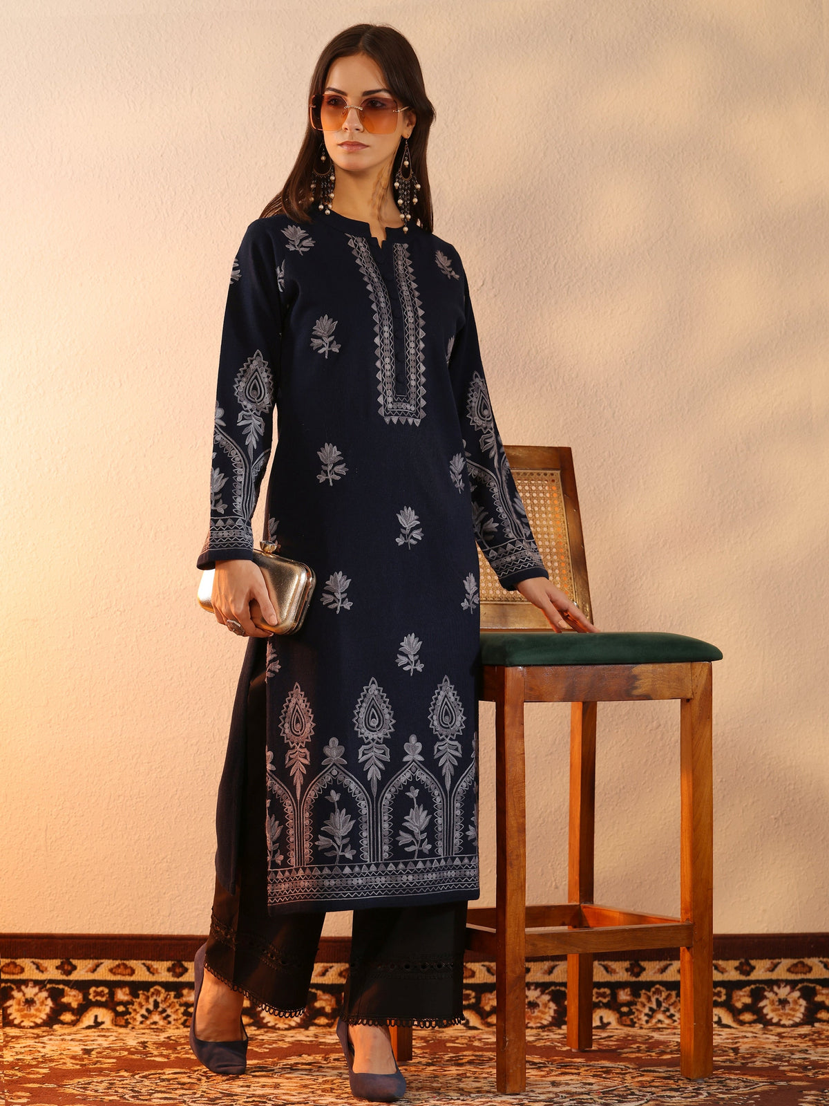 Libas Navy Blue Embroidered Wool Straight Kurta