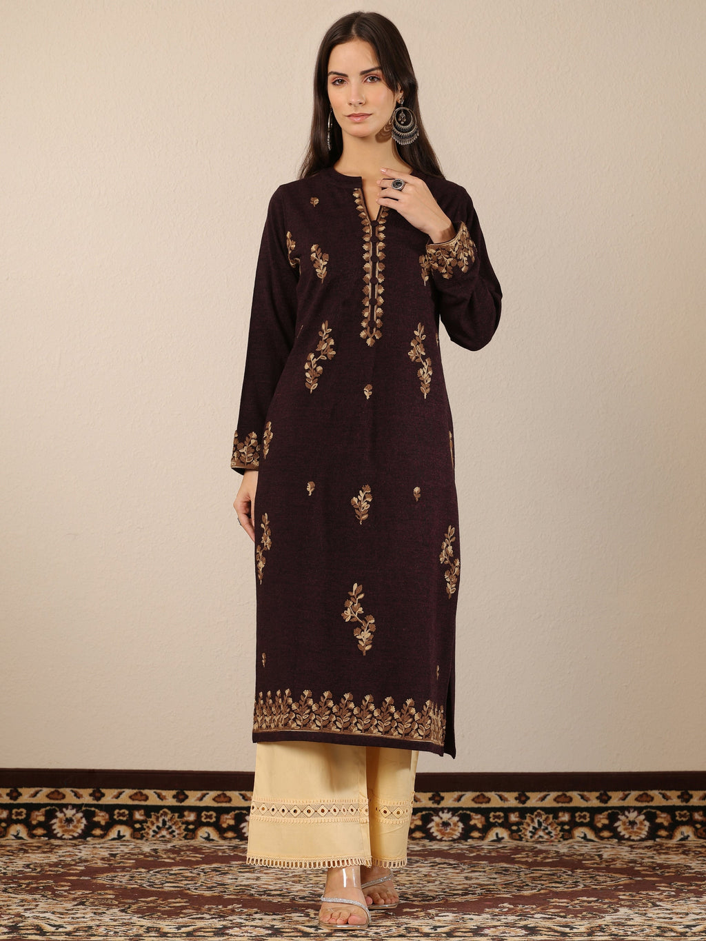 Libas Maroon Embroidered Wool Straight Kurta