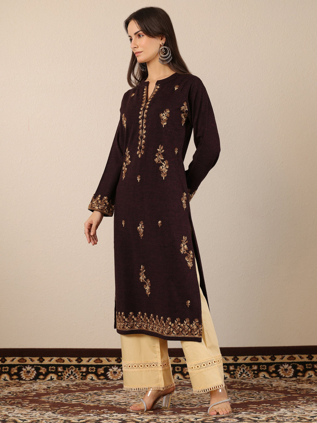 Libas Maroon Embroidered Wool Straight Kurta