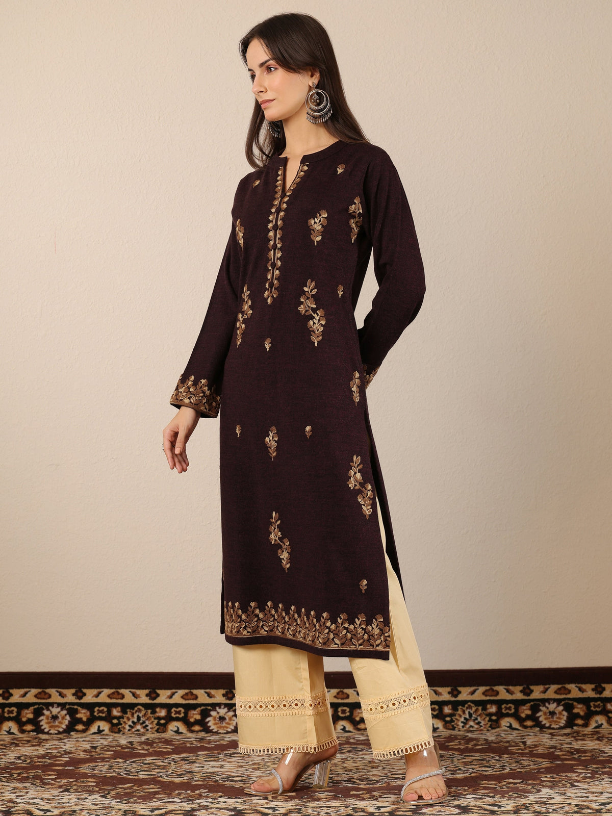 Libas Maroon Embroidered Wool Straight Kurta