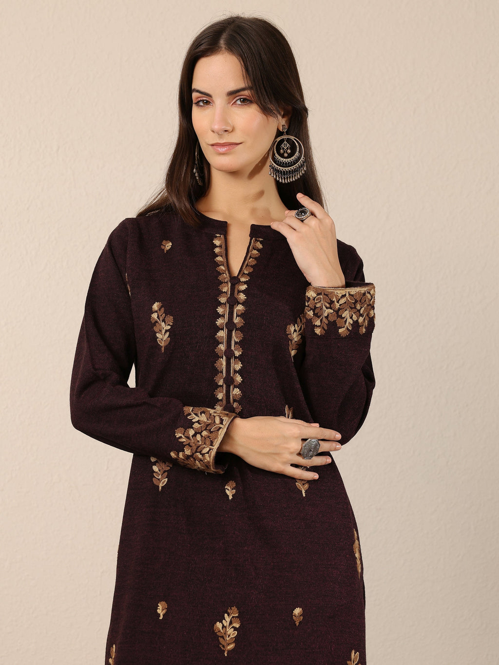 Libas Maroon Embroidered Wool Straight Kurta