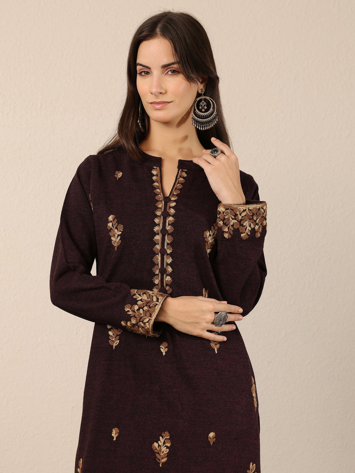 Libas Maroon Embroidered Wool Straight Kurta
