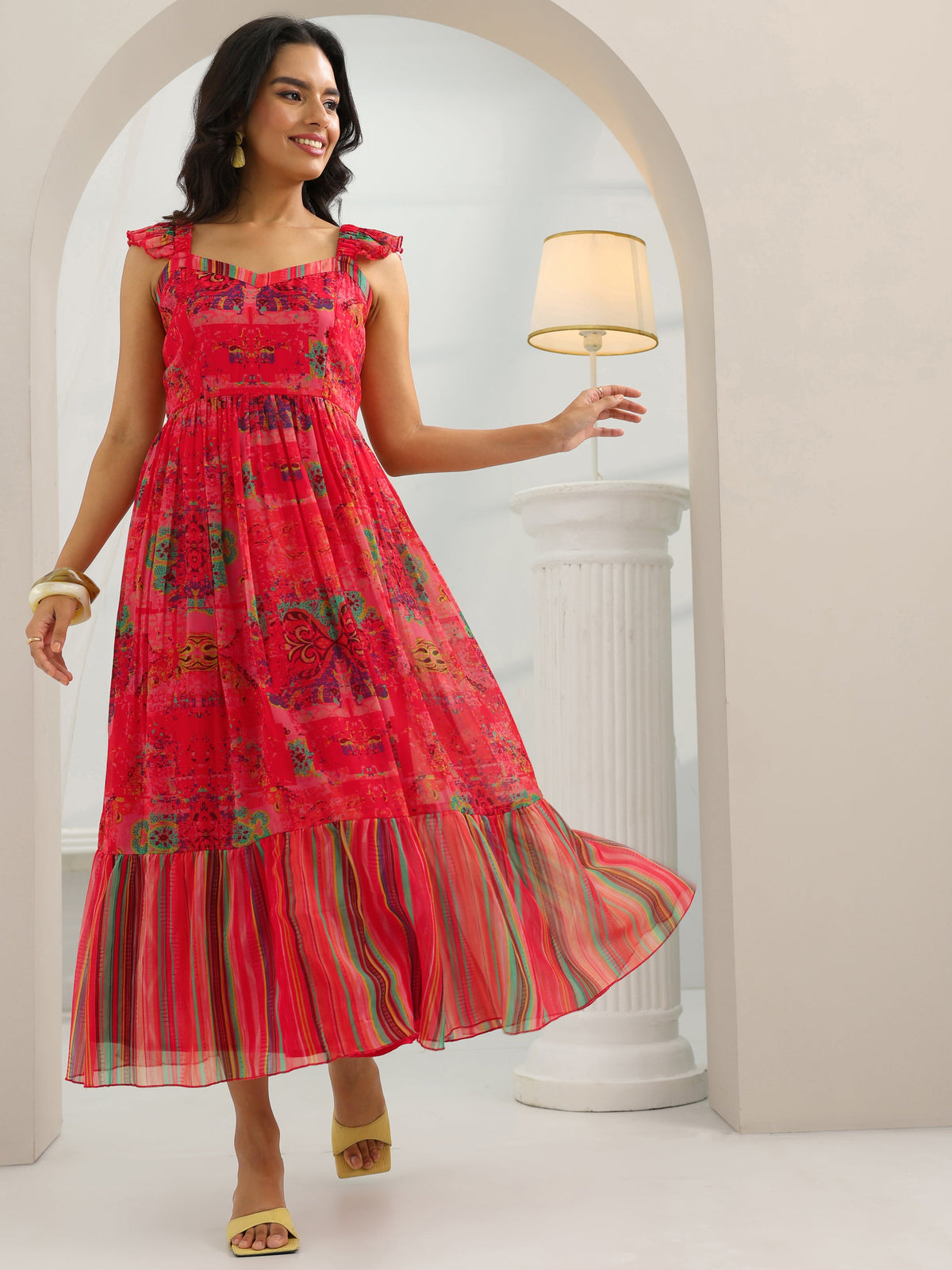 Gerua Coral Printed Chiffon Fit And Flare One Piece Dress