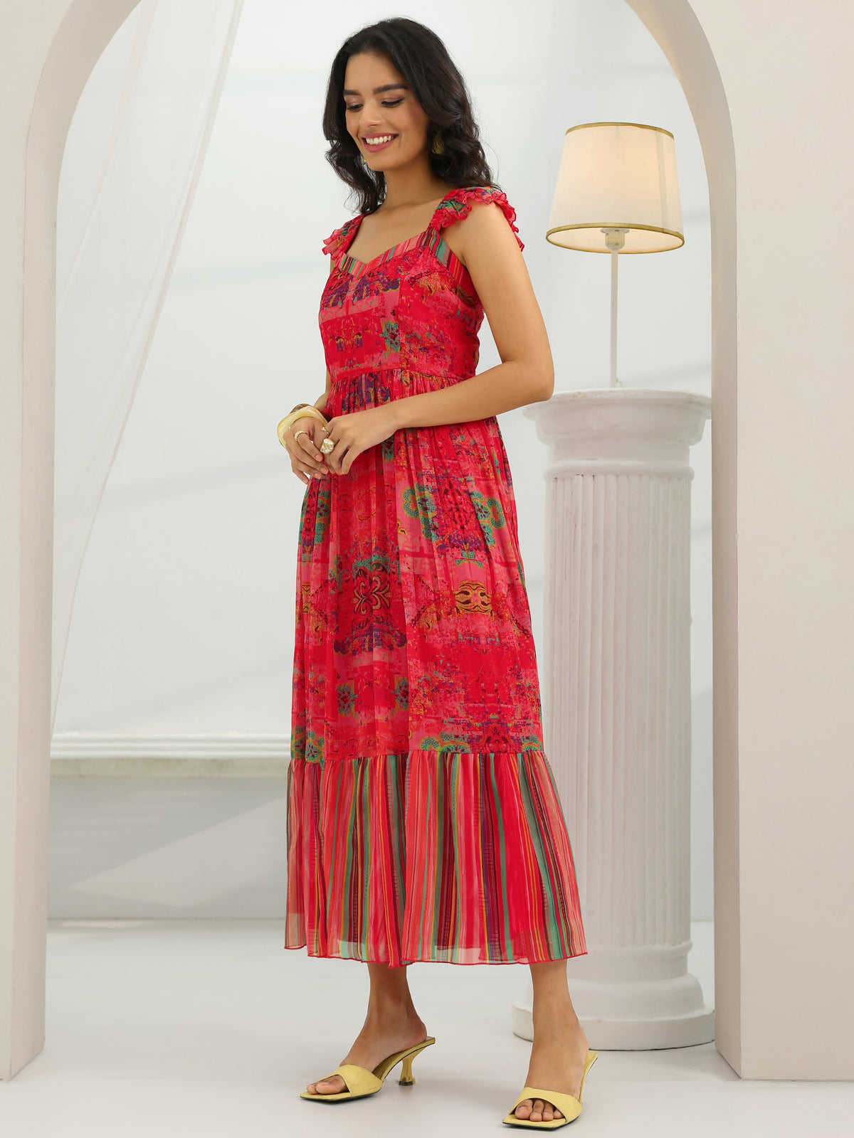 Gerua Coral Printed Chiffon Fit And Flare One Piece Dress