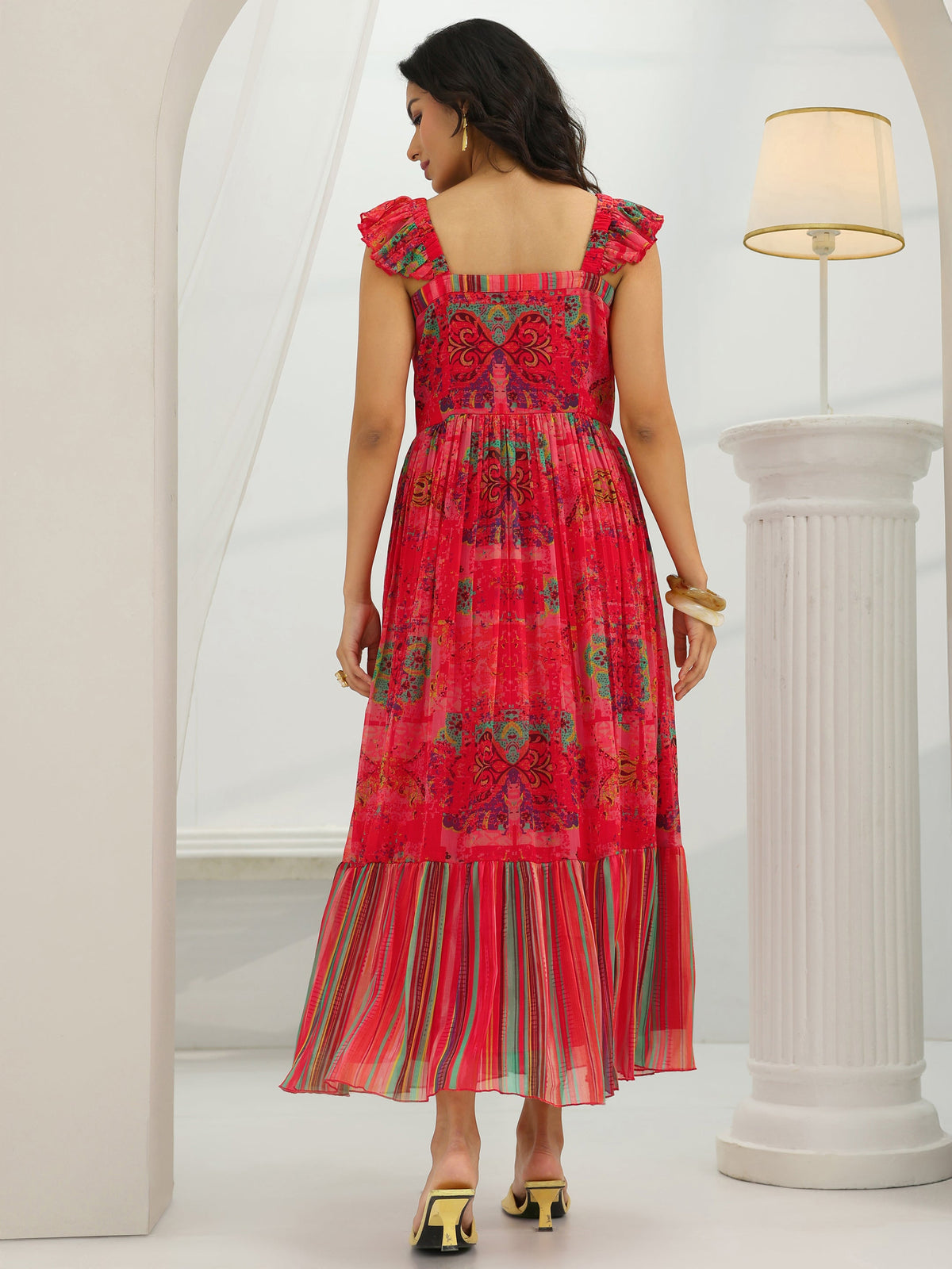 Gerua Coral Printed Chiffon Fit And Flare One Piece Dress