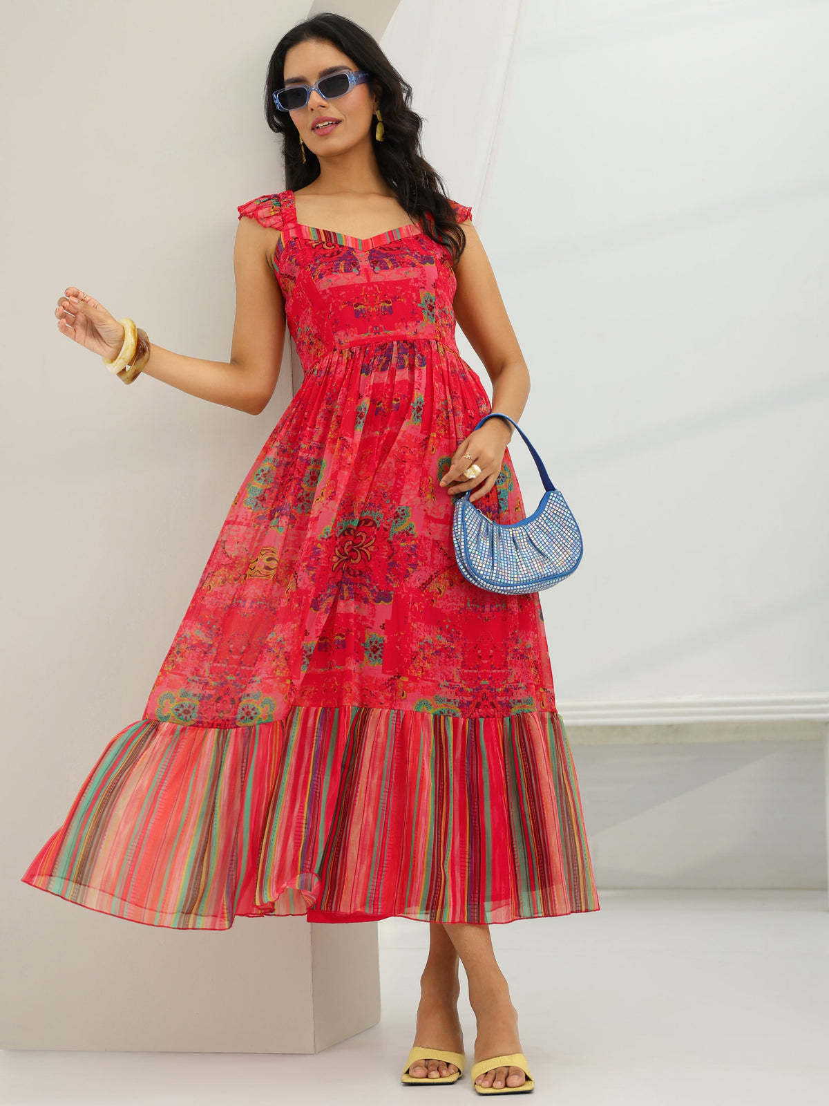 Gerua Coral Printed Chiffon Fit And Flare One Piece Dress