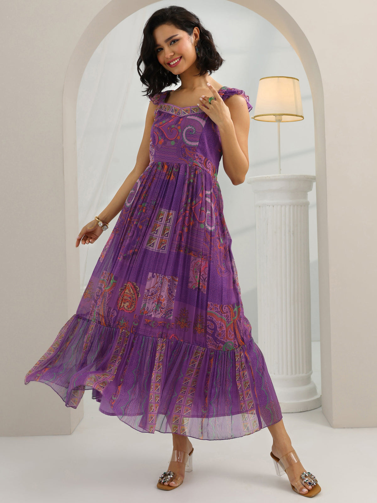 Gerua Purple Printed Chiffon Fit And Flare One Piece Dress