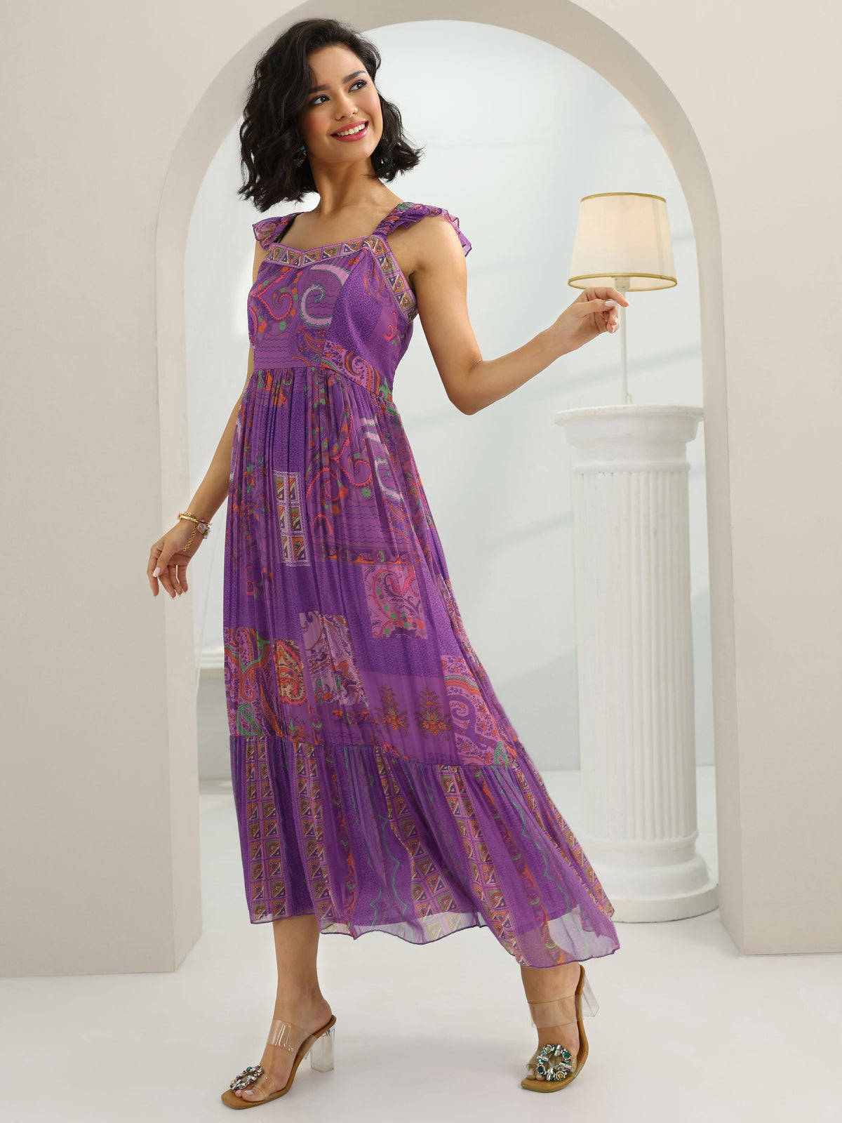 Gerua Purple Printed Chiffon Fit And Flare One Piece Dress