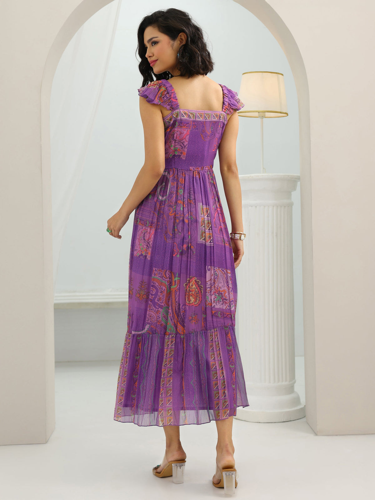 Gerua Purple Printed Chiffon Fit And Flare One Piece Dress