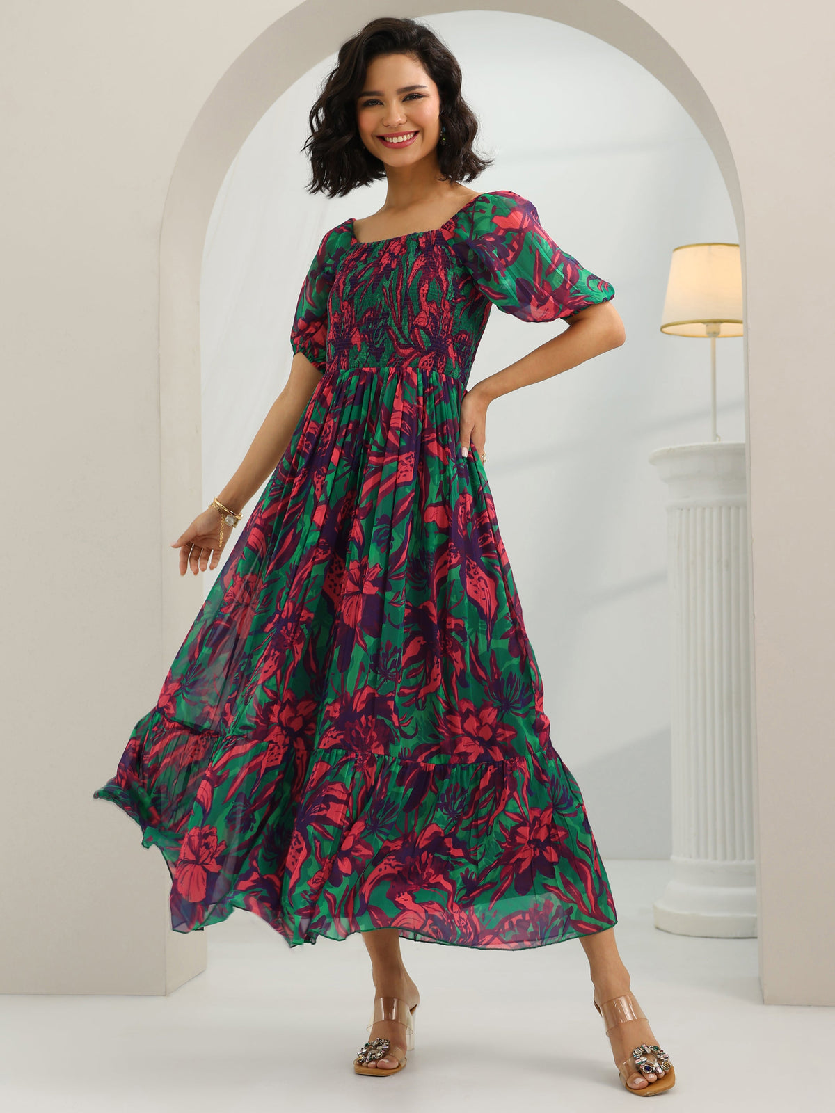 Libas Green Printed Chiffon Fit And Flare One Piece Dress