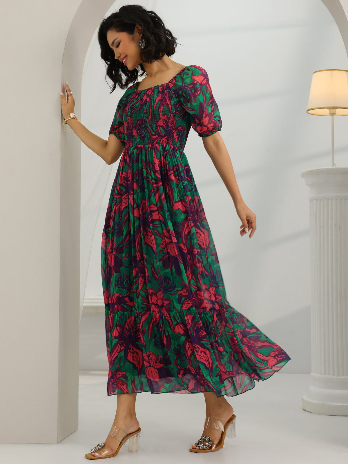 Libas Green Printed Chiffon Fit And Flare One Piece Dress