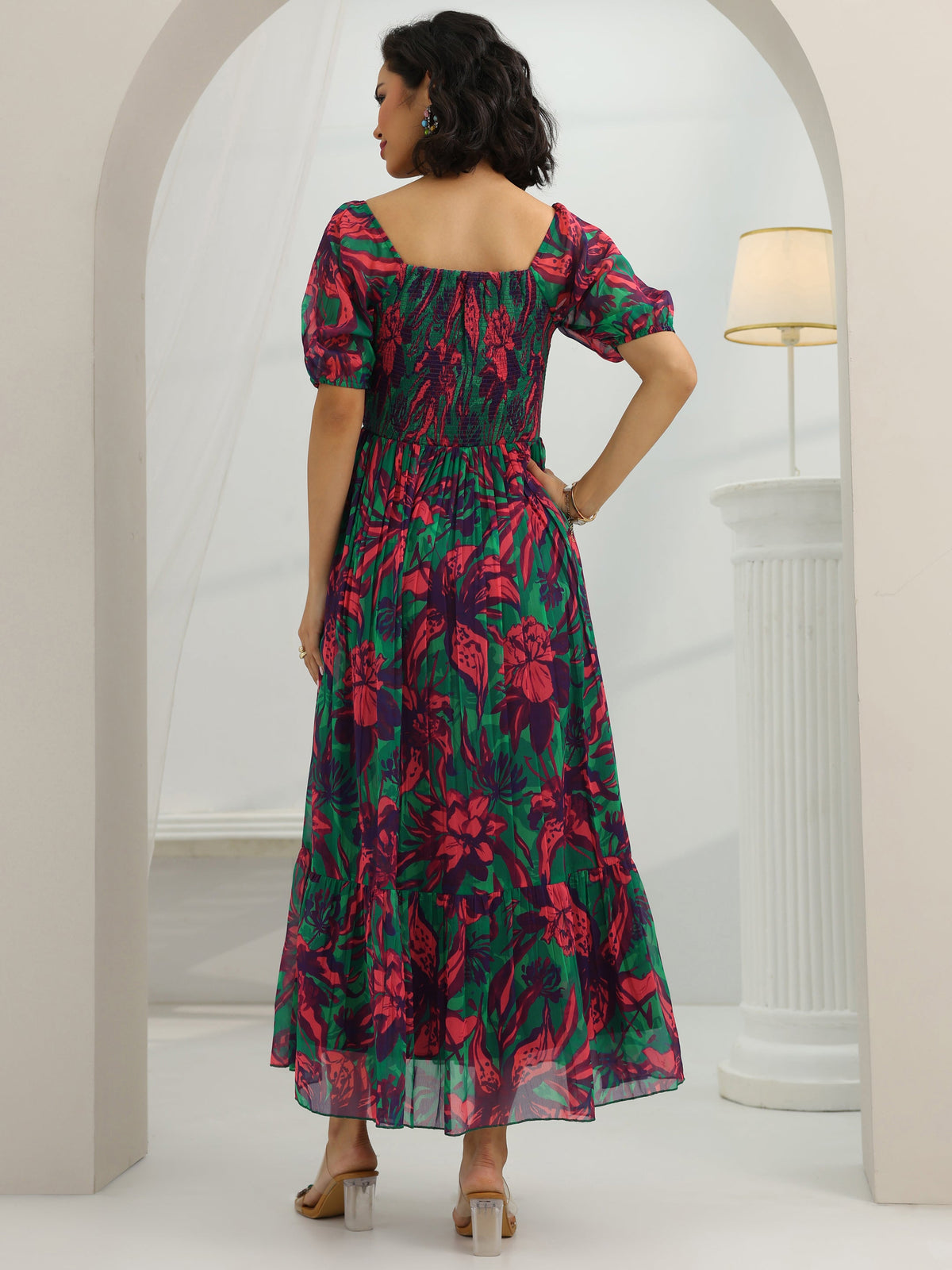 Libas Green Printed Chiffon Fit And Flare One Piece Dress
