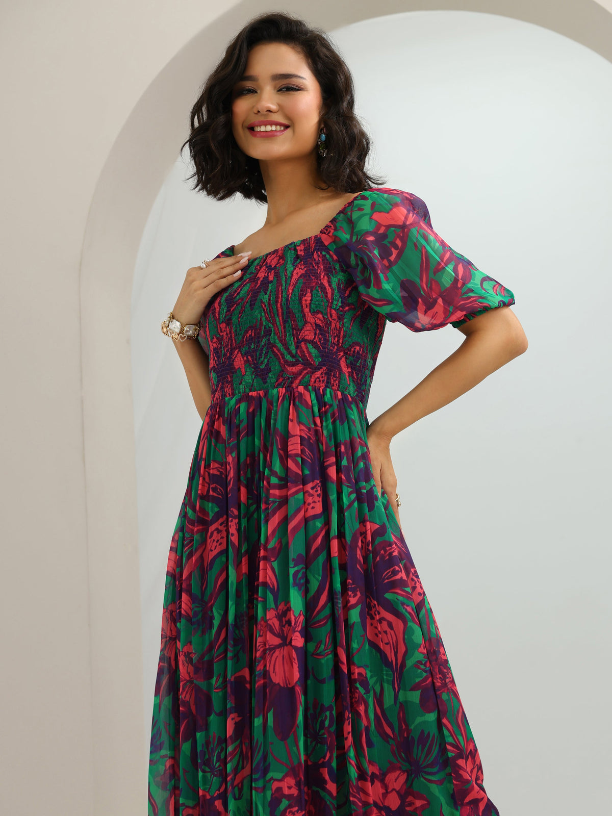 Libas Green Printed Chiffon Fit And Flare One Piece Dress