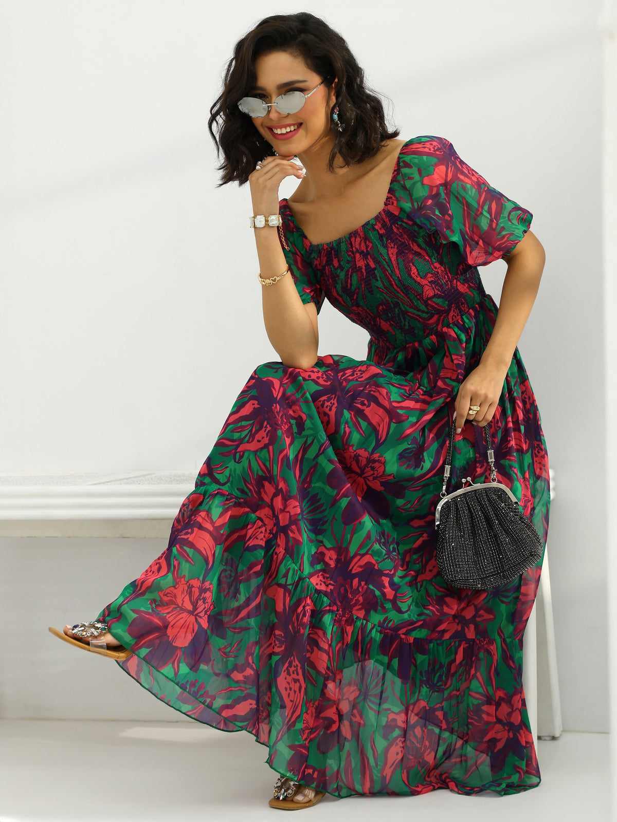 Libas Green Printed Chiffon Fit And Flare One Piece Dress