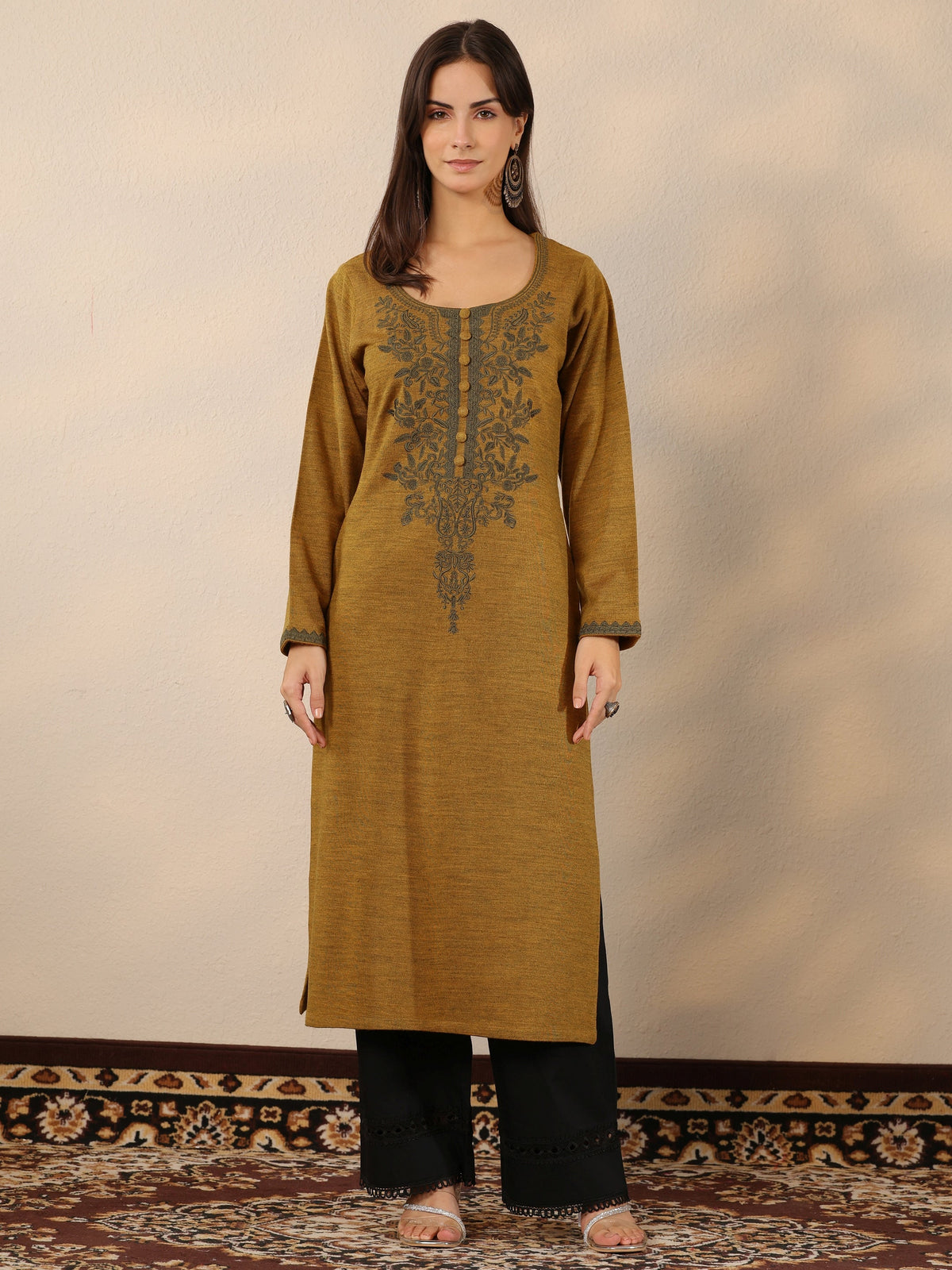 Libas Mustard Embroidered Wool Straight Kurta