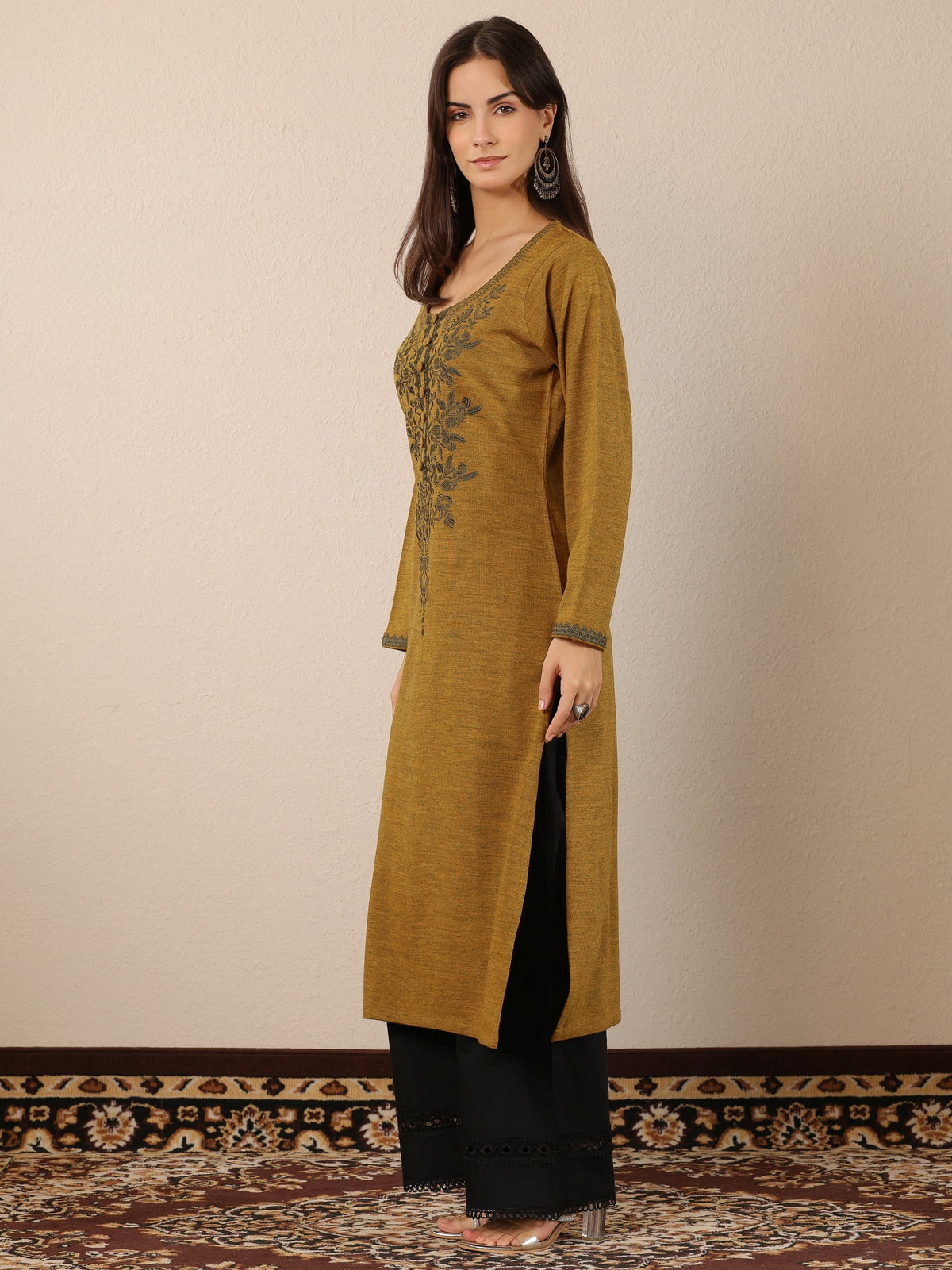 Libas Mustard Embroidered Wool Straight Kurta