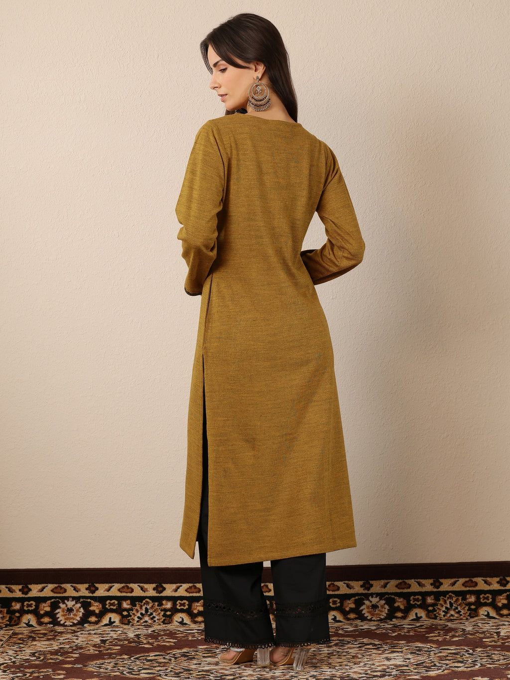 Libas Mustard Embroidered Wool Straight Kurta