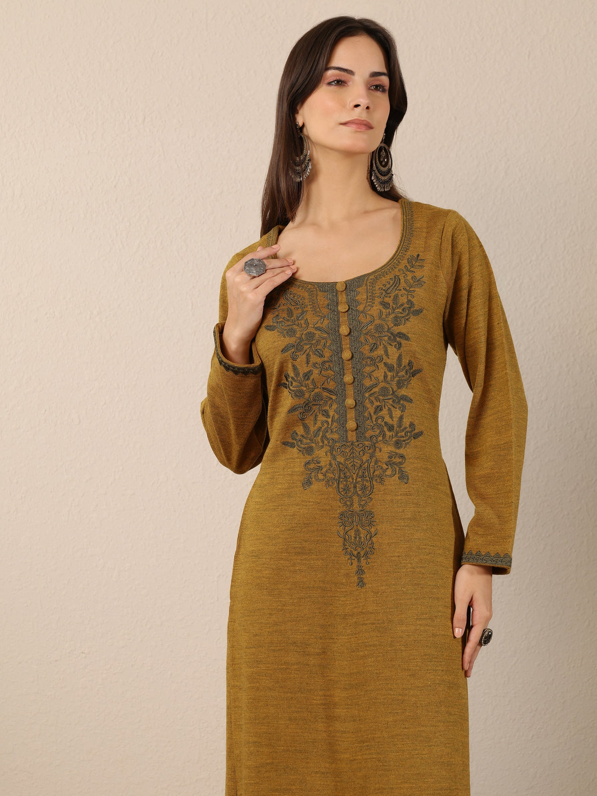Libas Mustard Embroidered Wool Straight Kurta