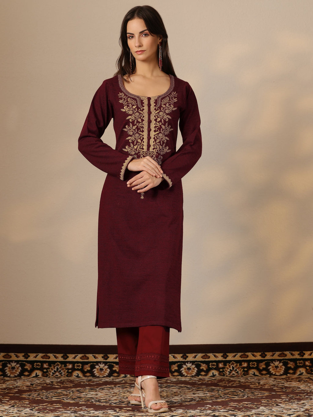 Libas Maroon Embroidered Wool Straight Kurta