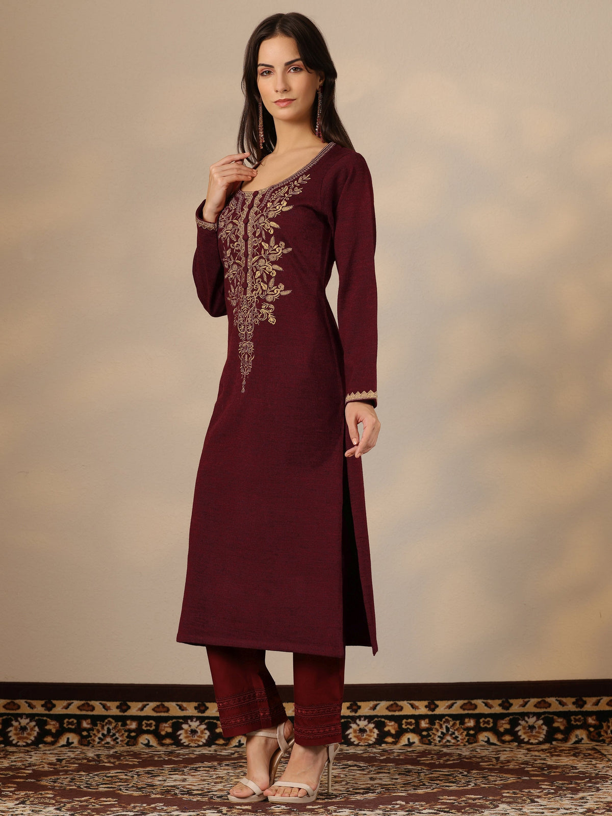 Libas Maroon Embroidered Wool Straight Kurta