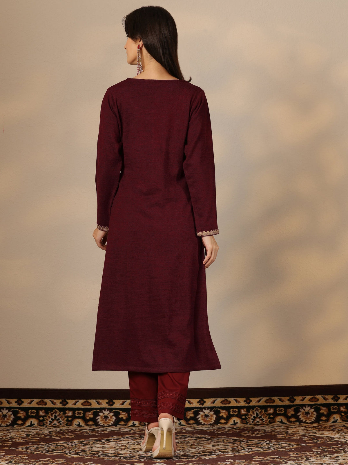 Libas Maroon Embroidered Wool Straight Kurta