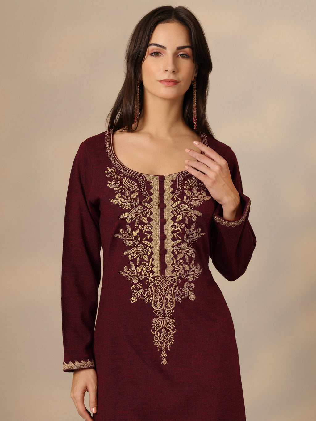 Libas Maroon Embroidered Wool Straight Kurta
