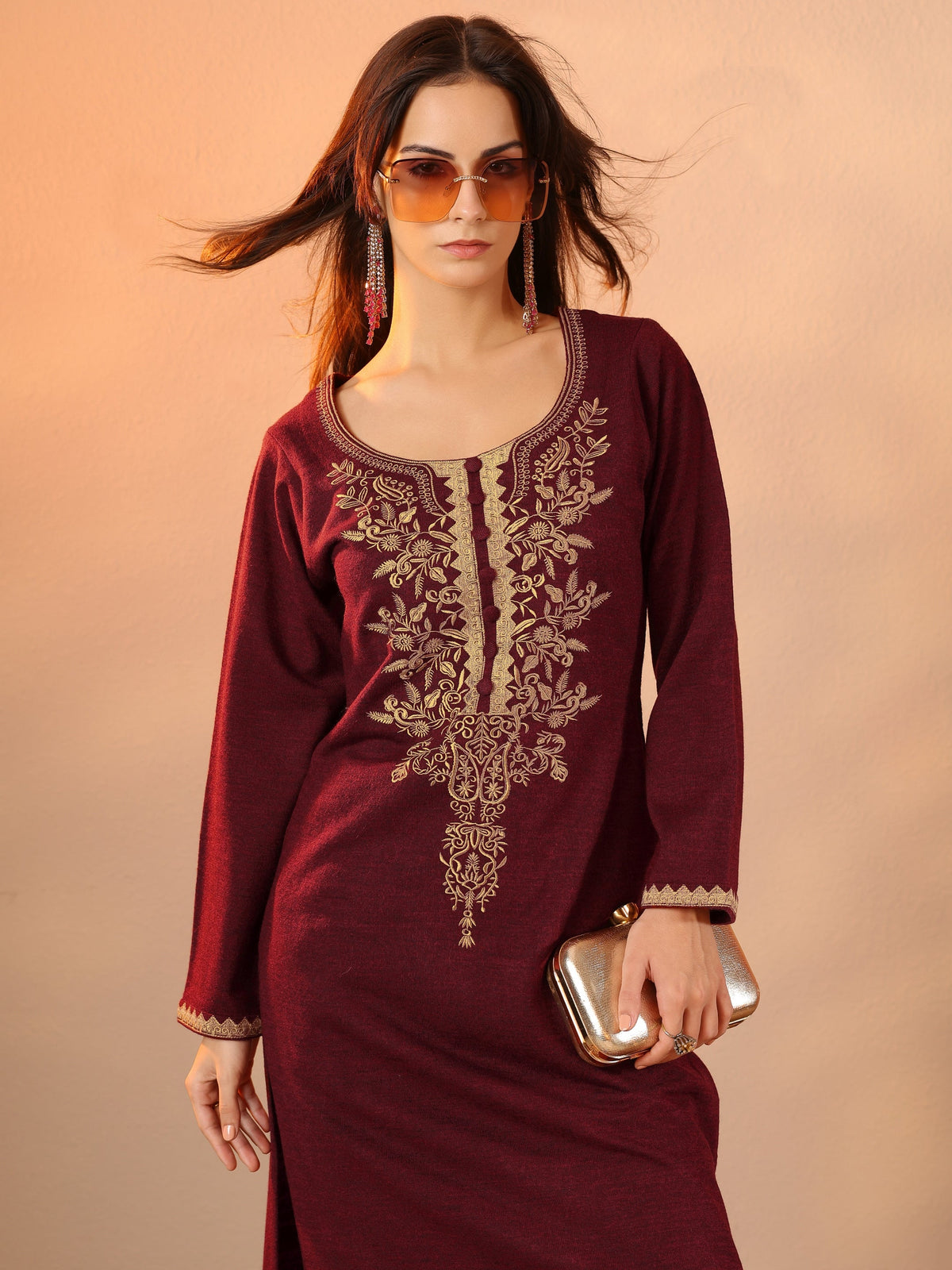 Libas Maroon Embroidered Wool Straight Kurta