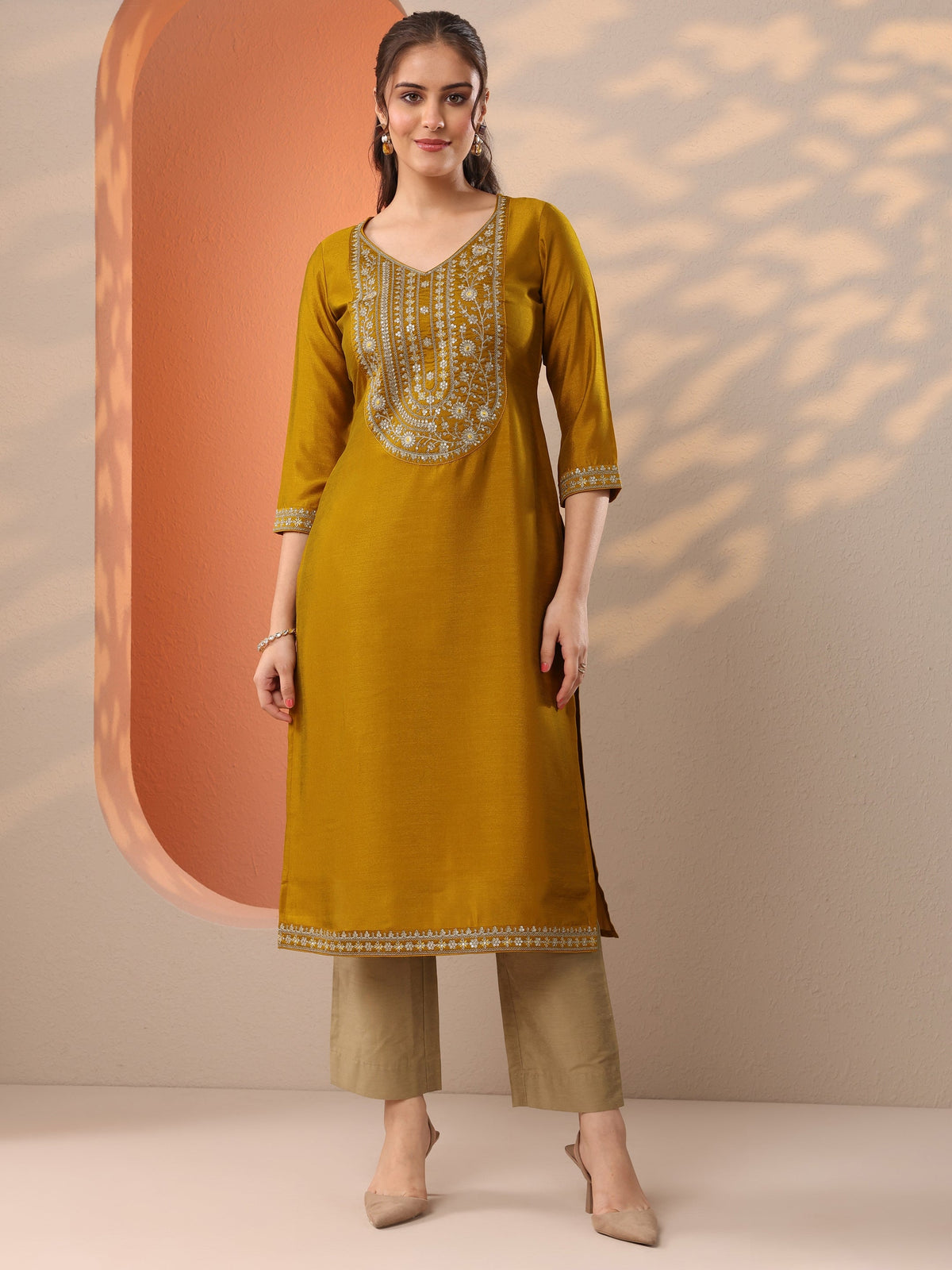 Libas Mustard Embroidered Silk Blend Straight Kurta