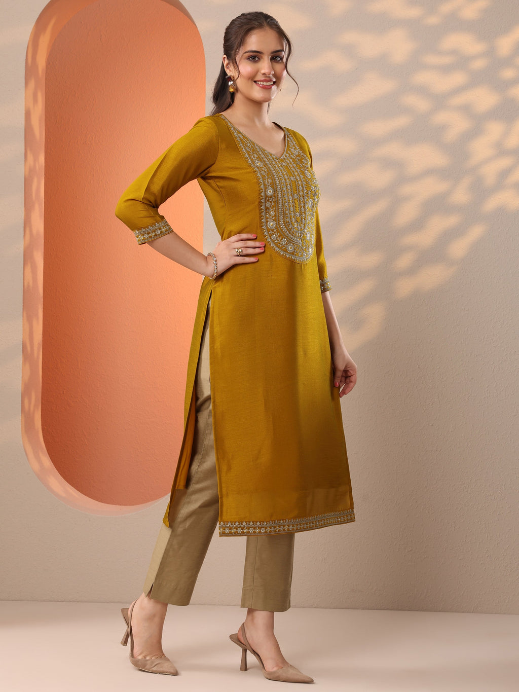 Libas Mustard Embroidered Silk Blend Straight Kurta