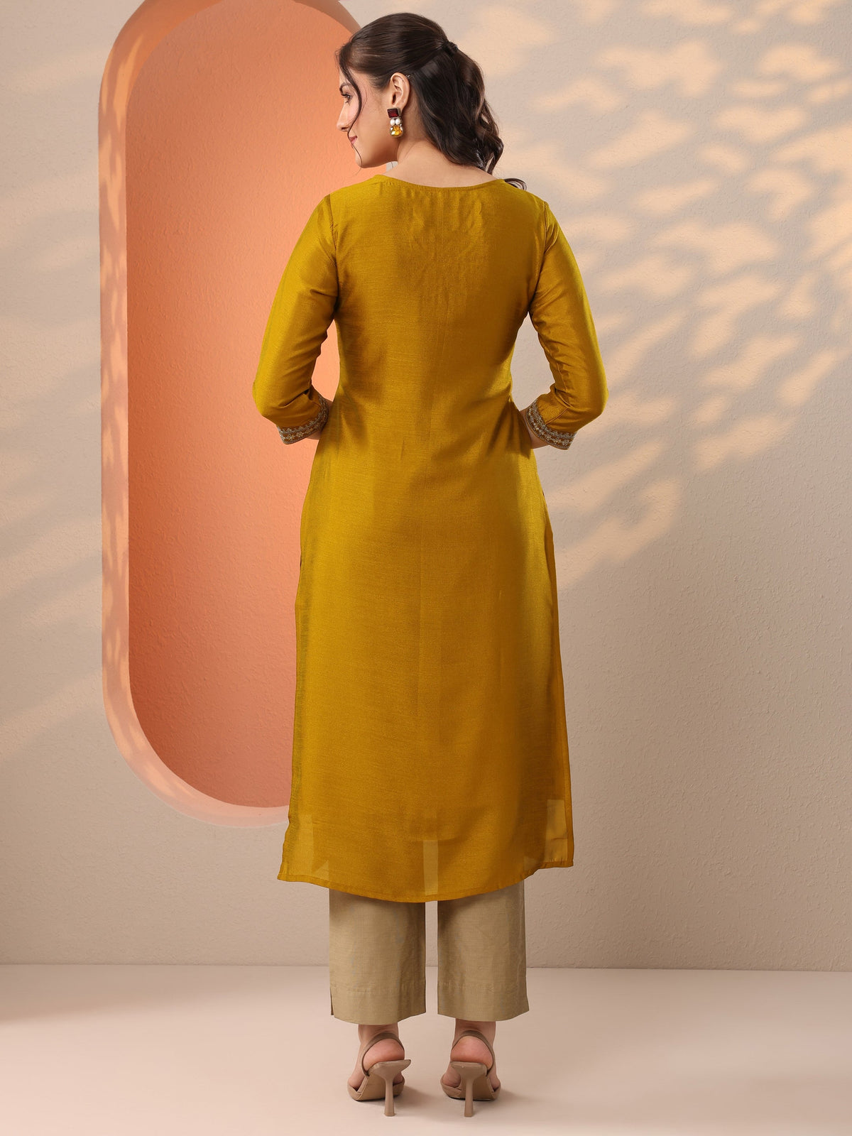 Libas Mustard Embroidered Silk Blend Straight Kurta